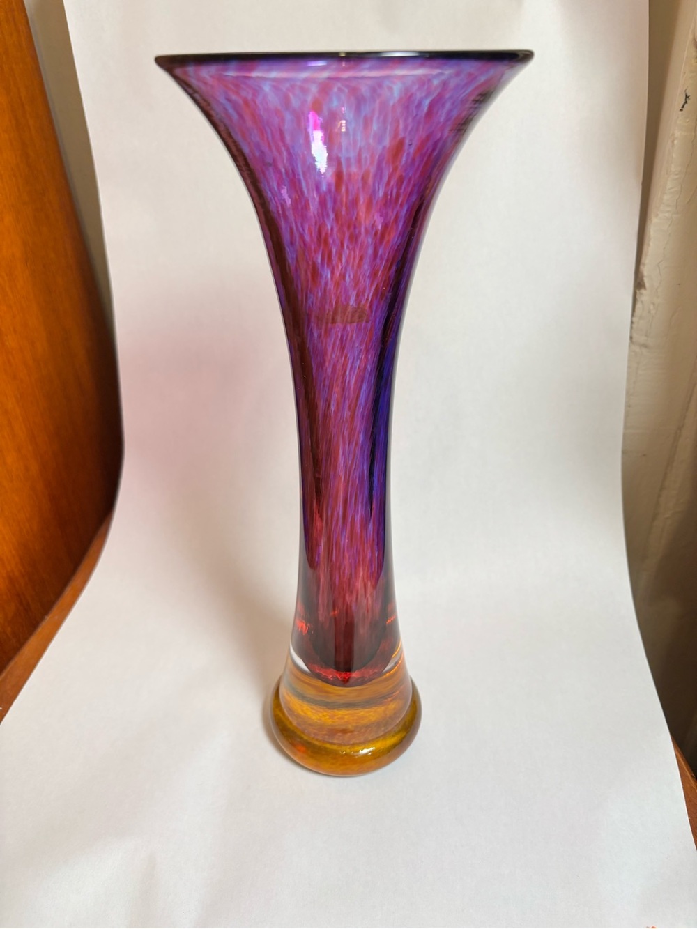 Young and Constantin Tall Art Glass Trumpet Vase - Purple and Red Swirl